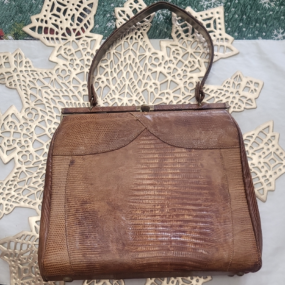 Sterling USA Genuine Lizard Handbag – Brown Exotic Leather – Structured Vintage